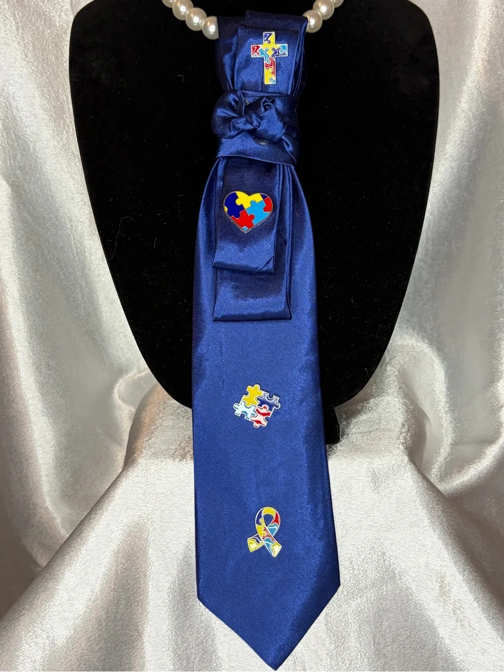 Womens Navy Autism Awareness Tie - Puzzle Ribbon Design